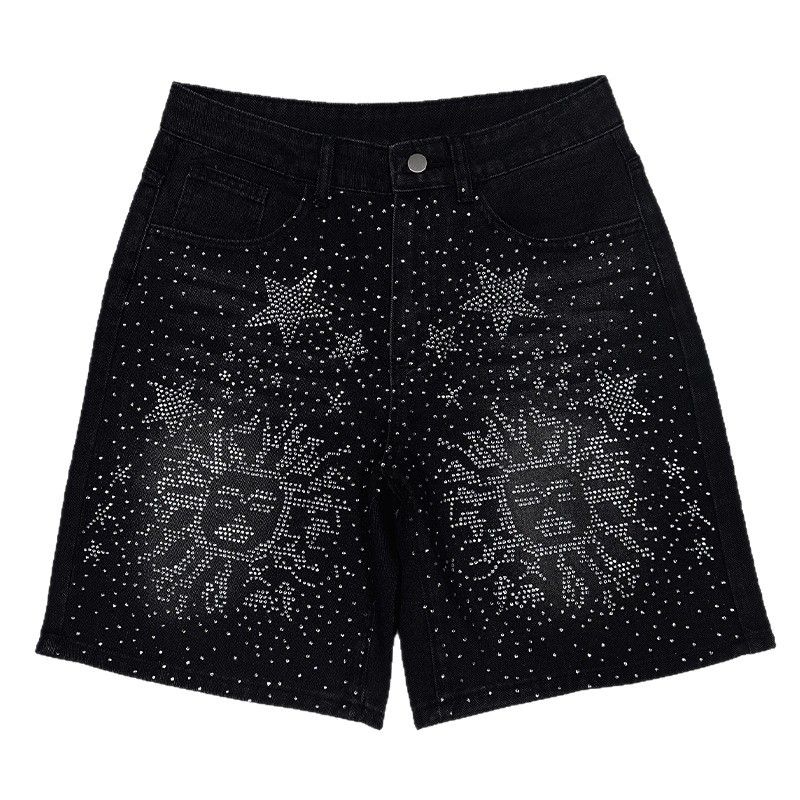 Unisex Black High-Waisted Rhinestone Embellished Denim Shorts - Gothic Style Distressed Jeans Shorts For Women Men_mkmklike.com