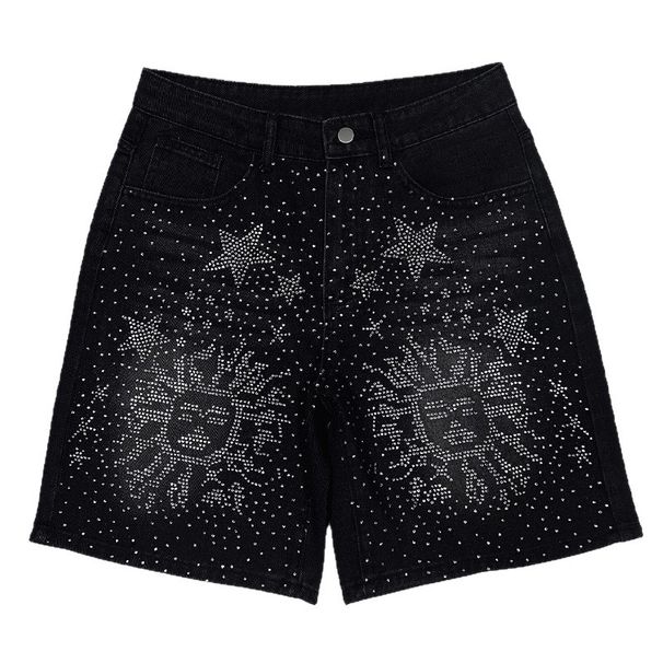 Unisex Black High-Waisted Rhinestone Embellished Denim Shorts - Gothic Style Distressed Jeans Shorts For Women Men_mkmklike.com