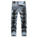 Men's Mid-Waist Stretch Casual Coated Black Jeans Embroidered Rose Ghost Head Wide Leg Trousers Machine Washable_mkmklike.com