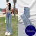 American-style Slit Micro-flare Jeans For Women, Spring/summer, Light Blue, High-waisted, Stretchy, Narrow Wide-leg With_mkmklike.com