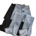 Women's High-Waisted Stretch Flared Jeans - Split Hem, Comfort Fit, Vintage Wash (Light Blue, Retro Blue, Black)_mkmklike.com