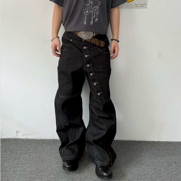 Vintage Western Button-Fly Jeans – High Street Relaxed Wide-Leg Pants For Men, Oversized & Long (Black, S-XXXL)_mkmklike.com