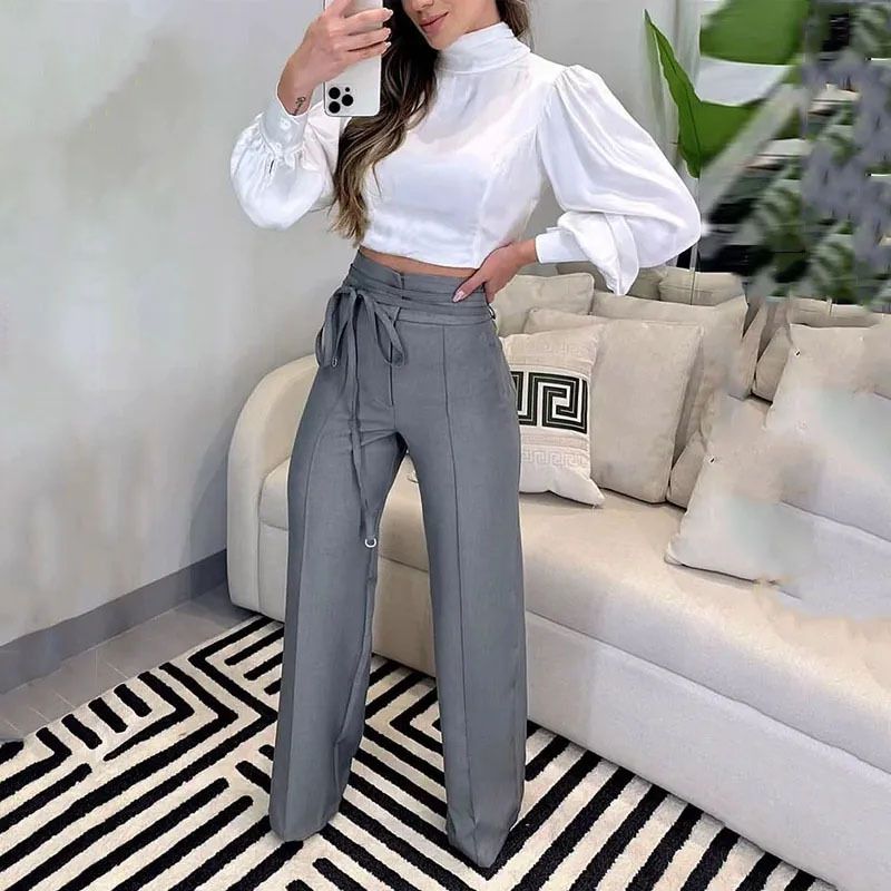 Women's Clothing summer new temperament slim fitting puff sleeve top design drawstring suit pants suit for women_mkmklike.com