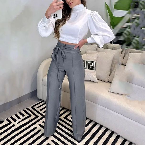 Women's Clothing summer new temperament slim fitting puff sleeve top design drawstring suit pants suit for women_mkmklike.com