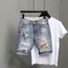 Men's Clothing Hole Patch Printed Frayed Denim Slim Fit Shorts_mkmklike.com