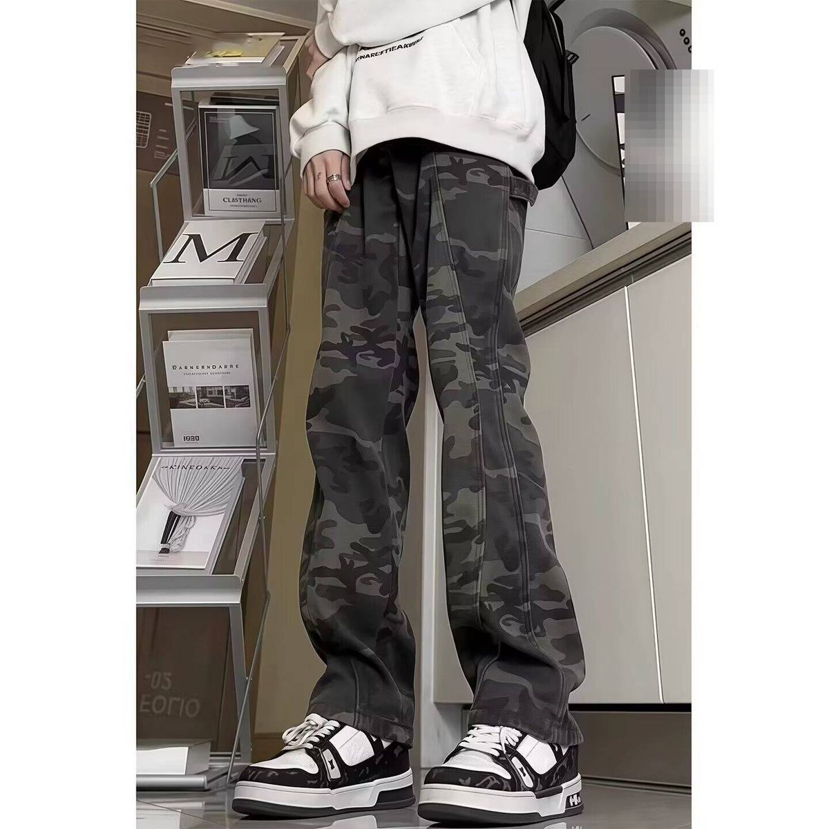 Men's Retro Camouflage Workwear Jeans - Vintage Washed Denim Pants With Patchwork Details, Straight Leg Spring/Autumn Utility Trousers_mkmklike.com