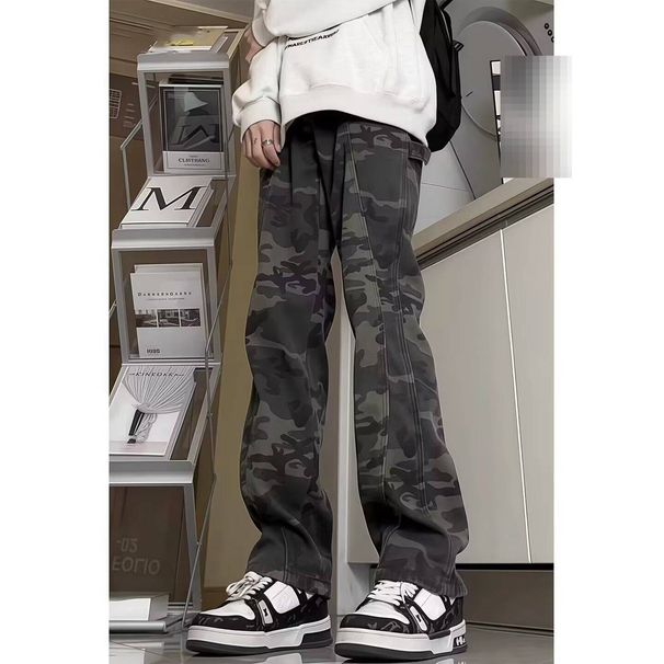 Men's Retro Camouflage Workwear Jeans - Vintage Washed Denim Pants With Patchwork Details, Straight Leg Spring/Autumn Utility Trousers_mkmklike.com