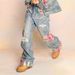 2027 Fashion American Retro Hip-Hop Jeans Women Cotton Mid Waist Embroidery Splicing Broken Hole Washed Do Old Vintage Straight Type Denim Pants_mkmklike.com