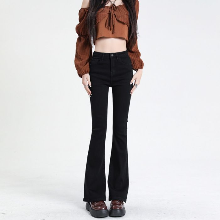 Women's Clothing Plush Jeans Autumn And Winter Flared Jeans Autumn And Winter High Waist High Elastic Plush Flared Horseshoe Pants_mkmklike.com