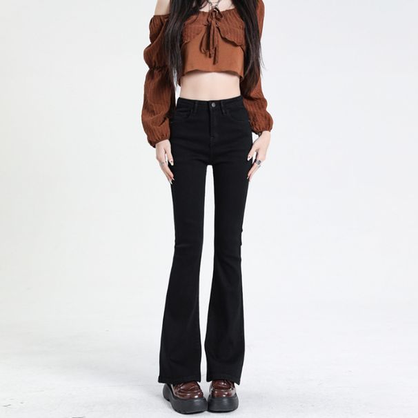 Women's Clothing Plush Jeans Autumn And Winter Flared Jeans Autumn And Winter High Waist High Elastic Plush Flared Horseshoe Pants_mkmklike.com