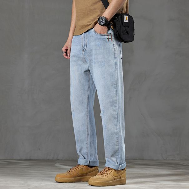 New Spring Jeans Men's Harlan Loose American Retro Washed Holes Sky Blue Large Size Elastic Small Feet K11 Denim Eight Barrels Xiansen Zhi Clothes_mkmklike.com