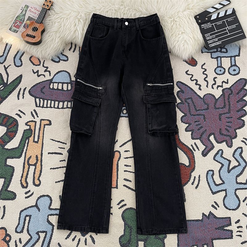 Men's Black Curved Blade Jeans Slim Fit Straight Leg Multi Pocket Cargo Pants American High Street Style Slightly Flared_mkmklike.com