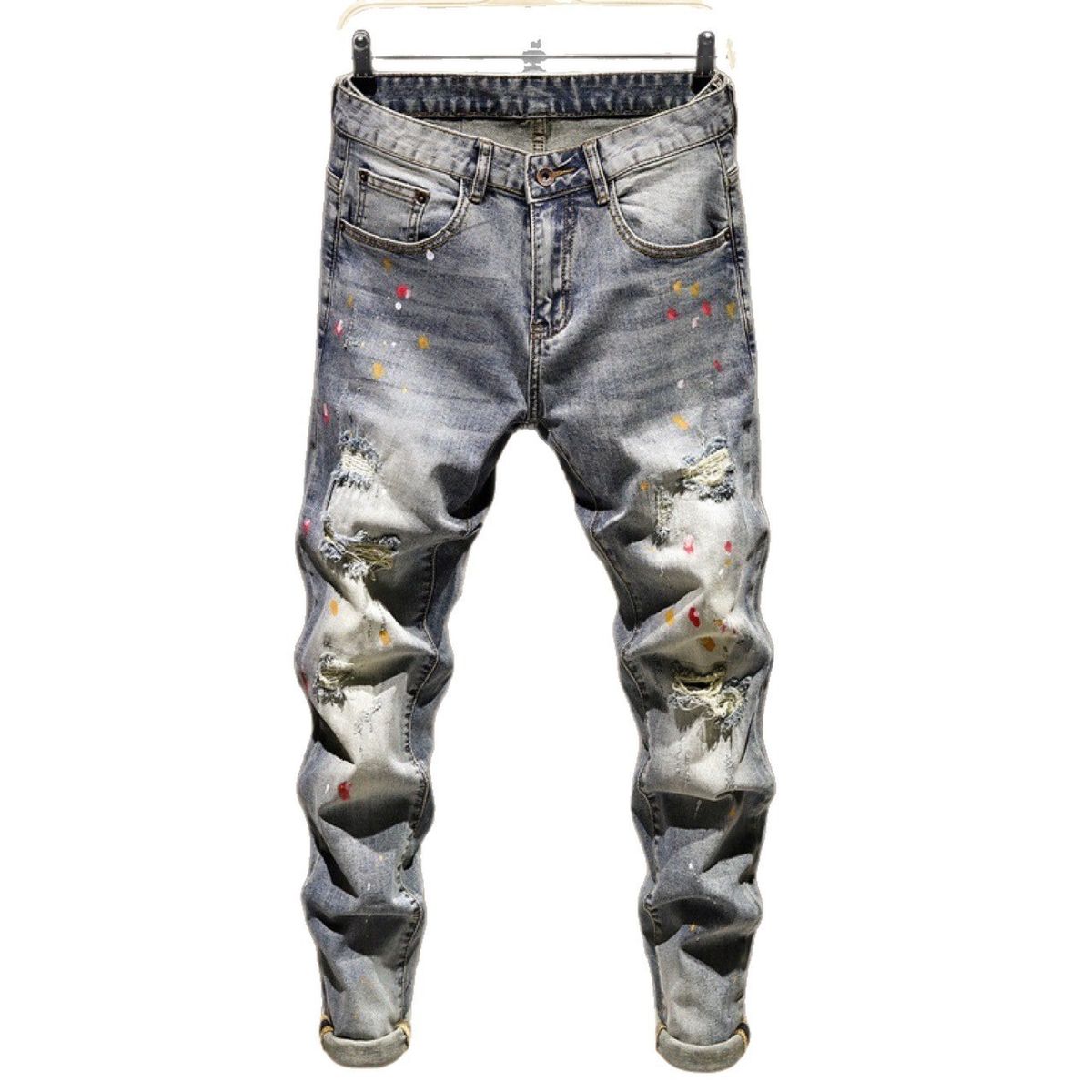 Men's Vintage Distressed Jeans – Slim Fit Straight-Leg Denim With Patchwork & Embroidery_mkmklike.com