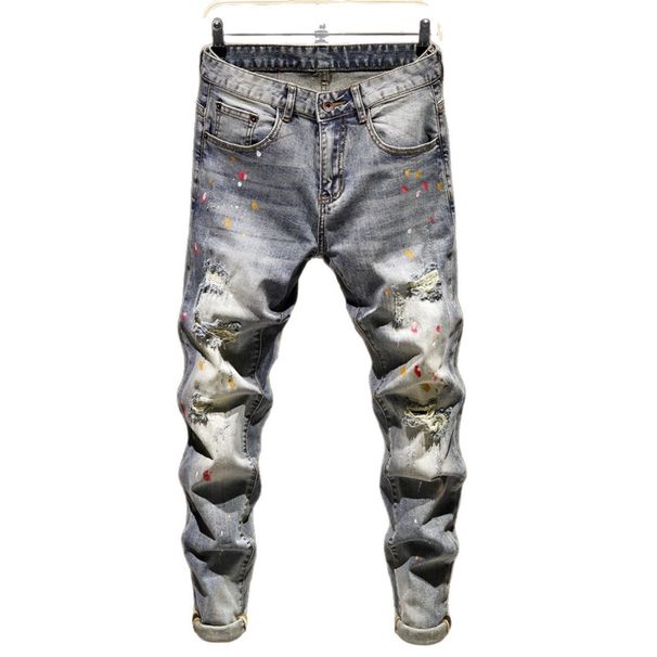 Men's Vintage Distressed Jeans – Slim Fit Straight-Leg Denim With Patchwork & Embroidery_mkmklike.com