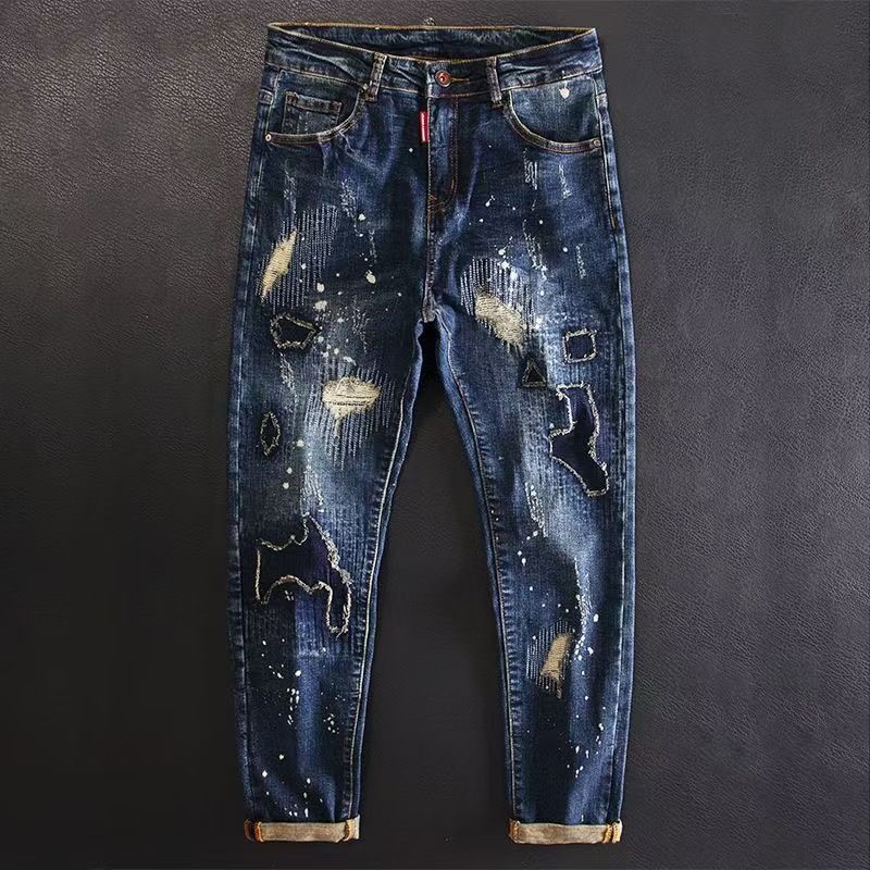 2023 Spring And Autumn New Style D2 Trendy Men's Washed Frayed Hole Patch Paint Elastic Slim Straight Blue Jeans For Men_mkmklike.com