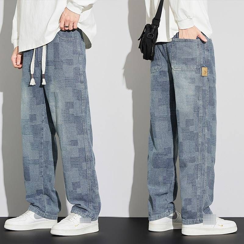 Men's Fashion Elastic Waist Casual Jeans Loose Fit Straight Leg Drawstring Wide Leg Pants Trendy Clothing_mkmklike.com