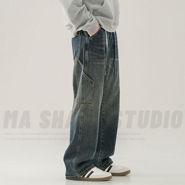 Men's Wide Leg Straight Leg Jeans Retro American Style Trendy Cool Stylish Sophisticated Drape_mkmklike.com