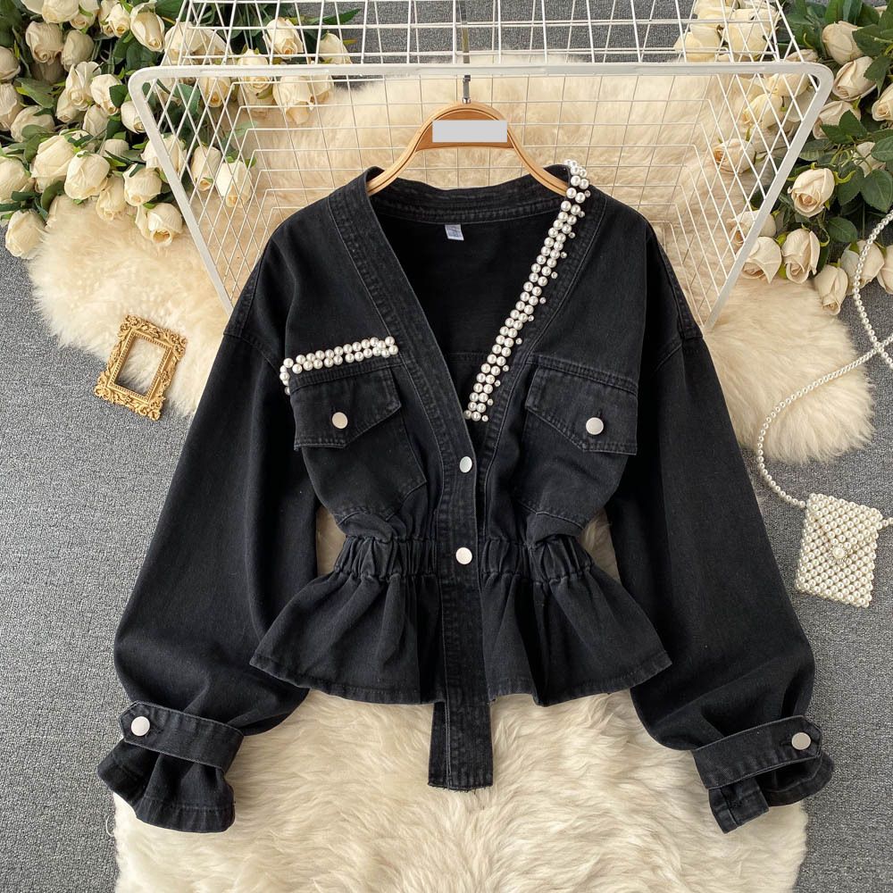 Women's Clothing autumn and winter new style deep V-neck short heavy-duty pearl splicing ruffle hem loose denim jacket trendy_mkmklike.com