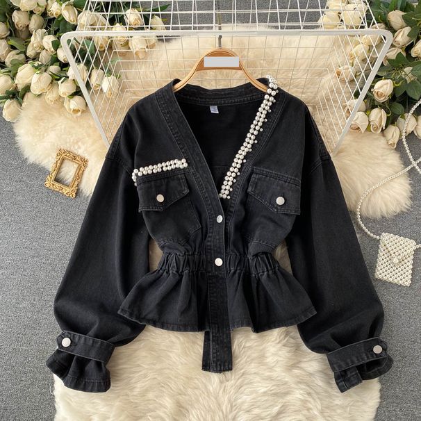 Women's Clothing autumn and winter new style deep V-neck short heavy-duty pearl splicing ruffle hem loose denim jacket trendy_mkmklike.com