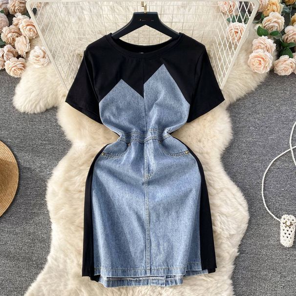 Women's Denim Two-Piece Dress Set - Round Neck Short Sleeve Top With Slimming High Waist Shorts_mkmklike.com