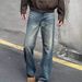 Men's American Retro Washed Straight Leg Jeans Loose Fit High Street Casual Pants Blue mid Waist Zipper Fly Slight Stretch_mkmklike.com