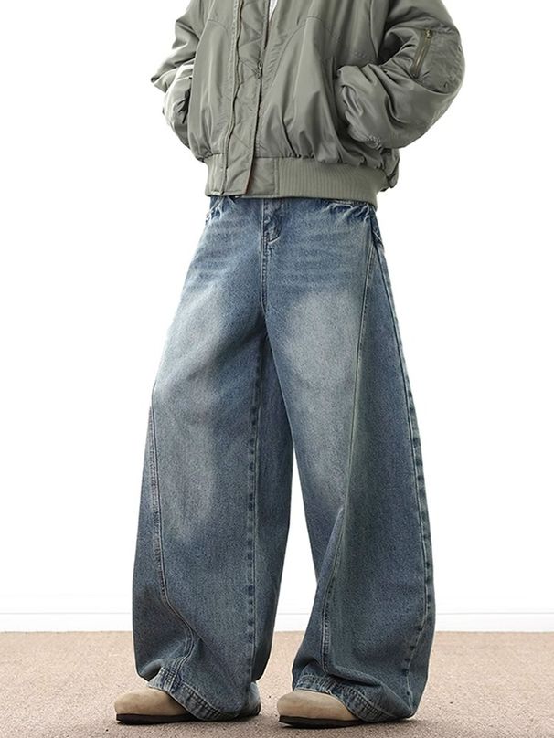 Men's Distressed Silhouette Scimitar Jeans Loose Slim Fit Casual Wide Leg Pants Mid Waist Cotton Blend Vintage American Style_mkmklike.com