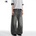 Unisex Straight Leg Whiskered Jeans Clean Fit Loose Versatile Wide Leg Pants Midweight Cotton Black Washed Distressed 11KN_mkmklike.com