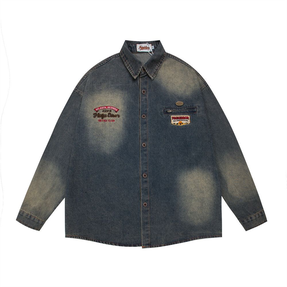 Punk Vintage Wash Gradient Denim Jacket, Trendy American Design, Embroidered Letters, Loose Jacket For Men, Autumn_mkmklike.com
