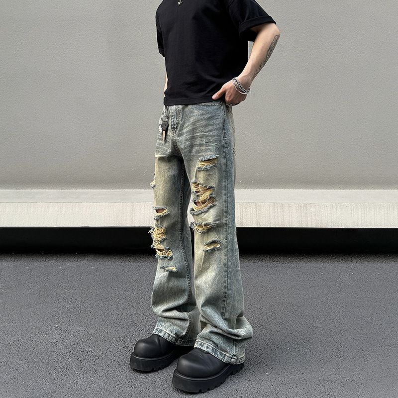 Men's Distressed Denim Jeans - Vintage Washed Straight Leg Relaxed Fit High Street Casual Pants_mkmklike.com