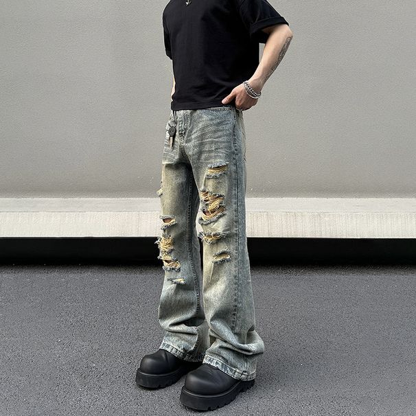 Men's Distressed Denim Jeans - Vintage Washed Straight Leg Relaxed Fit High Street Casual Pants_mkmklike.com