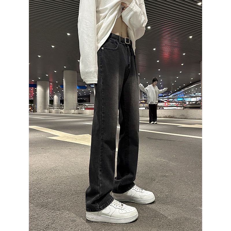 Nordmann Men's Flared Jeans New High Street Washed Retro Casual Pants American Style Loose Straight Black Long Trousers_mkmklike.com