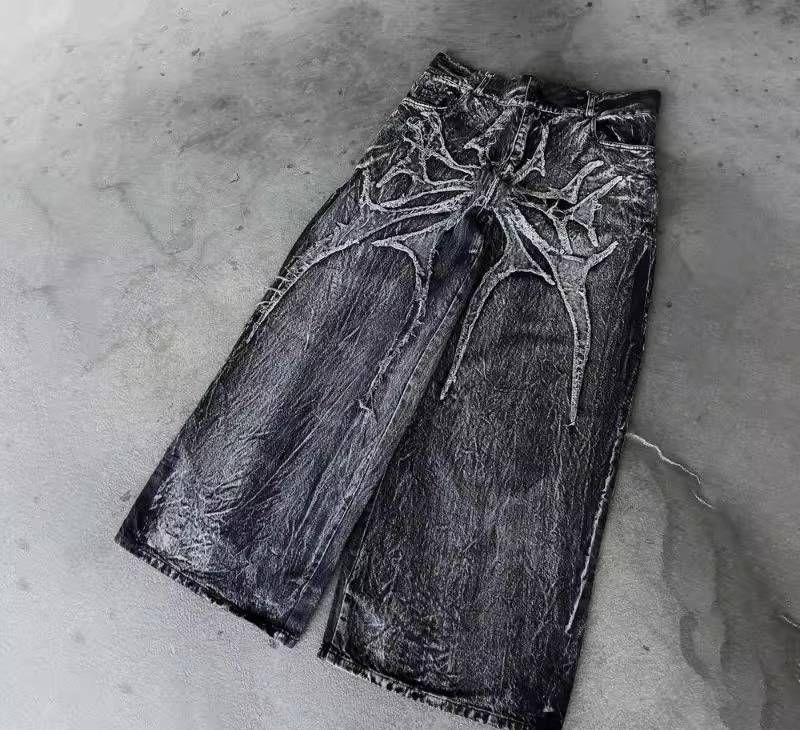 Men's Retro Bat Pattern Embroidered Loose Fitting Jeans High Street Style Top Seller_mkmklike.com