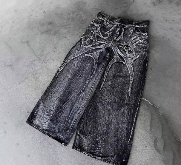 Men's Retro Bat Pattern Embroidered Loose Fitting Jeans High Street Style Top Seller_mkmklike.com
