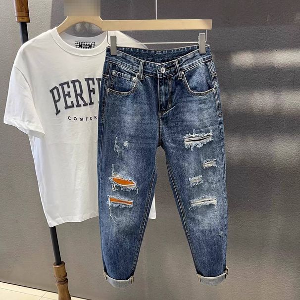 Men's Ripped And Patched Jeans Loose Fit Straight Leg Cropped Harem Pants Summer Trendy Style_mkmklike.com