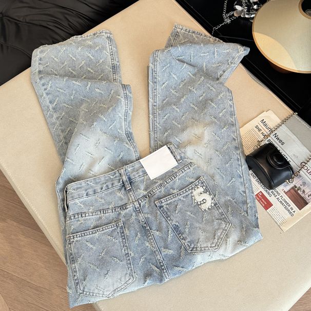 High-Waisted Straight Leg Jeans Rhinestone Feather Jacquard Embroidered Women's Loose Slim Wide Leg Trousers_mkmklike.com