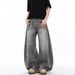 Grey Washed Distressed Splashed Ink Curved Jeans Men's Style American Street Trend Loose Wide Leg Casual Pants_mkmklike.com