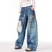 Spring And Autumn American High Street Retro Design Patch Splicing Printed Jeans Men's And Women's Loose Straight Wide-leg Trousers_mkmklike.com