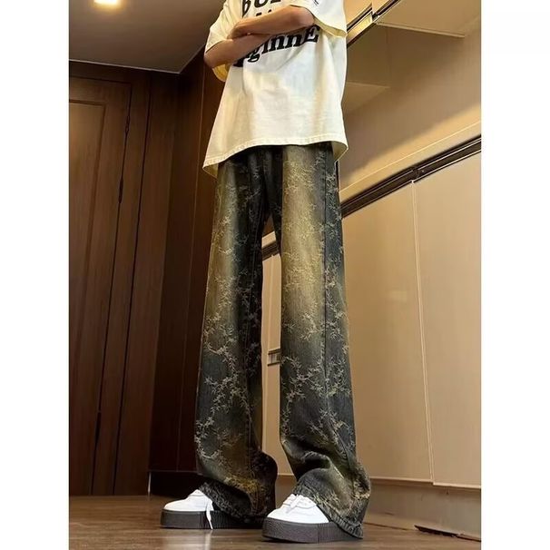 Men's Jacquard Jeans High Street Vibe Washed Straight Casual Pants Loose Handsome Flared Autumn Trend Brand_mkmklike.com