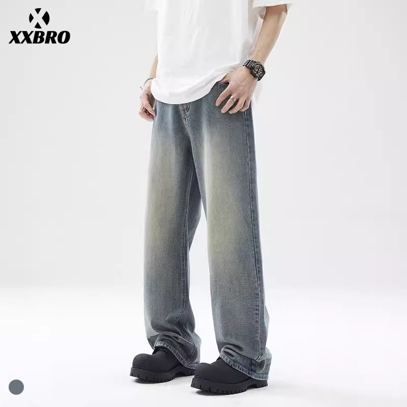 Men's Clothing Men's Ice Blue Jeans Retro Washed Distressed Straight Leg Slim Fit Casual Loose Pants_mkmklike.com