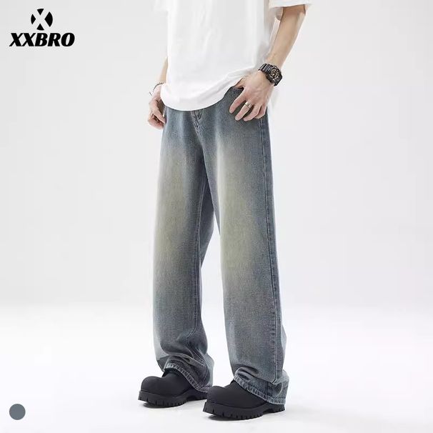 Men's Clothing Men's Ice Blue Jeans Retro Washed Distressed Straight Leg Slim Fit Casual Loose Pants_mkmklike.com