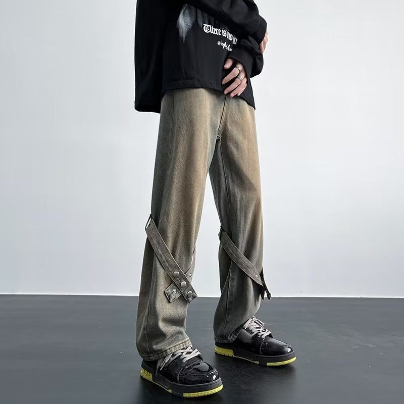 Men's Blue Jeans New Style Straight Leg Loose Fit With Ribbon Design High Street Wide Leg Pants_mkmklike.com
