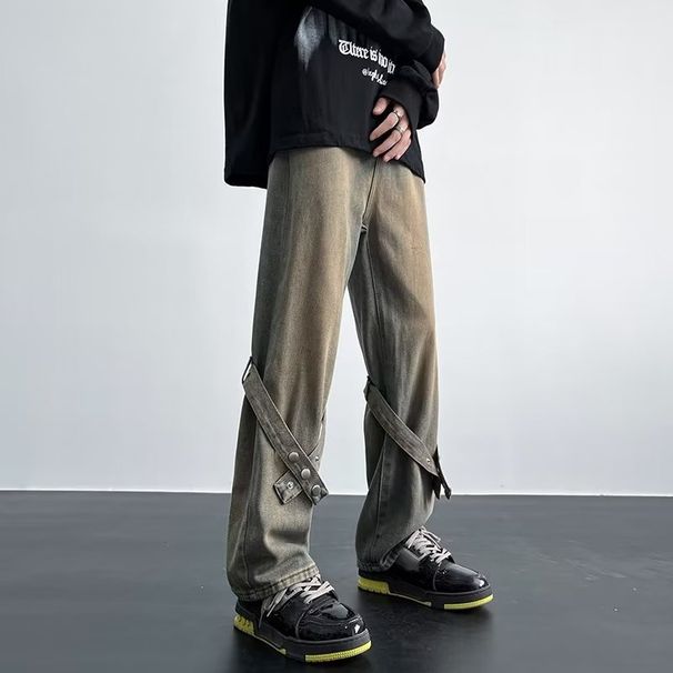 Men's Blue Jeans New Style Straight Leg Loose Fit With Ribbon Design High Street Wide Leg Pants_mkmklike.com
