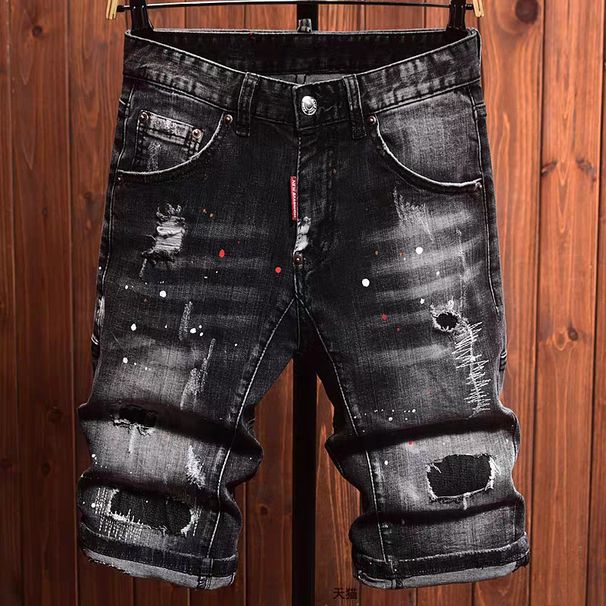 Men's Clothing Fashion Ripped Patch Denim Shorts Men's Paint Graffiti Five Point Trendy Personality Youth Shorts_mkmklike.com