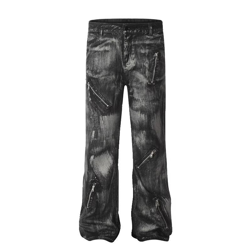 Men's Washed Tie Dye Flared Jeans Vibe Brand American Style Retro Zippered Straight Leg Trousers Cool Heavy Duty Niche_mkmklike.com