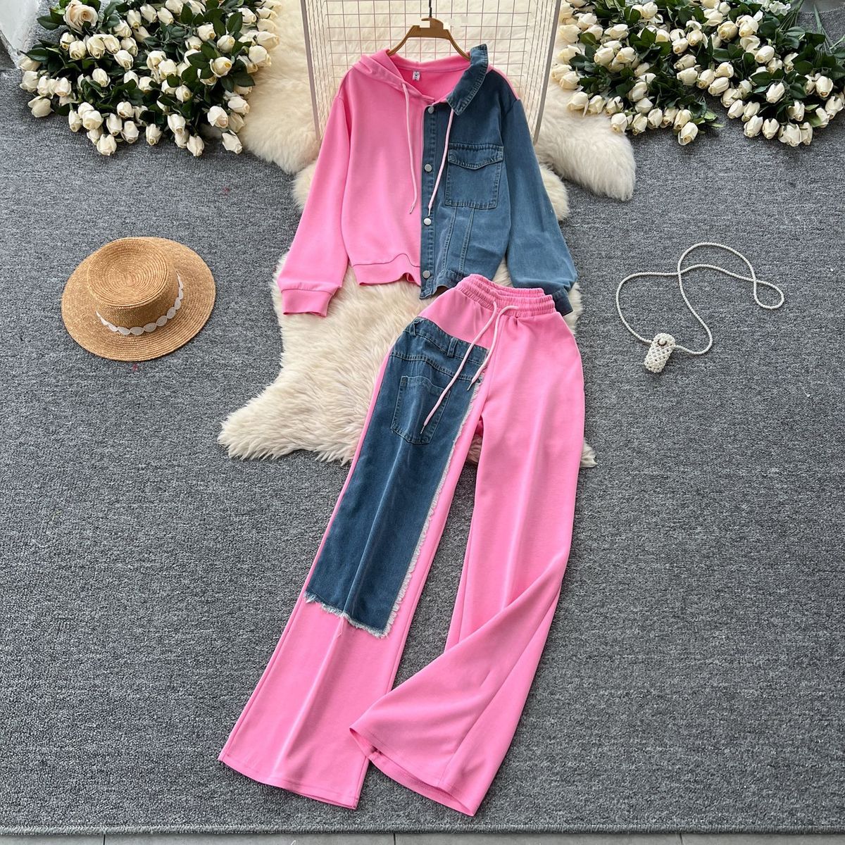 Women's Clothing Casual Suit For Women, Fashionable Design, Splicing Two Piece Hooded Sweatshirt, High Waist Denim Splicing Wide Leg Pants_mkmklike.com