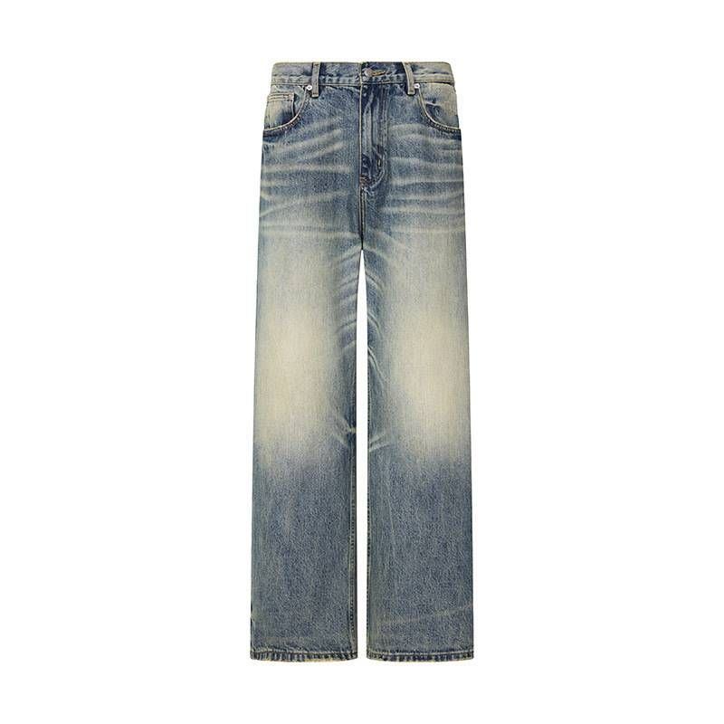 Men's High Street Distressed Jeans - Heavyweight Washed Denim Pants With 3d Cat Whisker Design, Straight Leg Fit_mkmklike.com