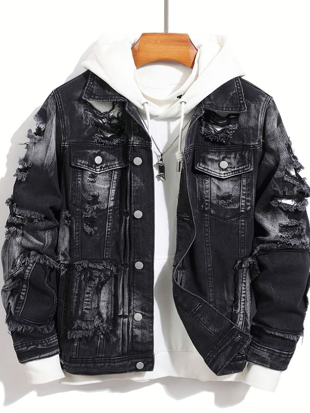 High Street Cool And Stylish Splatter Painted Denim Jacket For Men, Street Fashion Brand, Hip Hop Loose Casual Workwear Jacket, Men's Denim Coat_mkmklike.com
