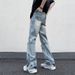 Men's Retro Distressed High Waist Flared Jeans Side Zipper Vibe Spring Style High Street Denim Pants_mkmklike.com