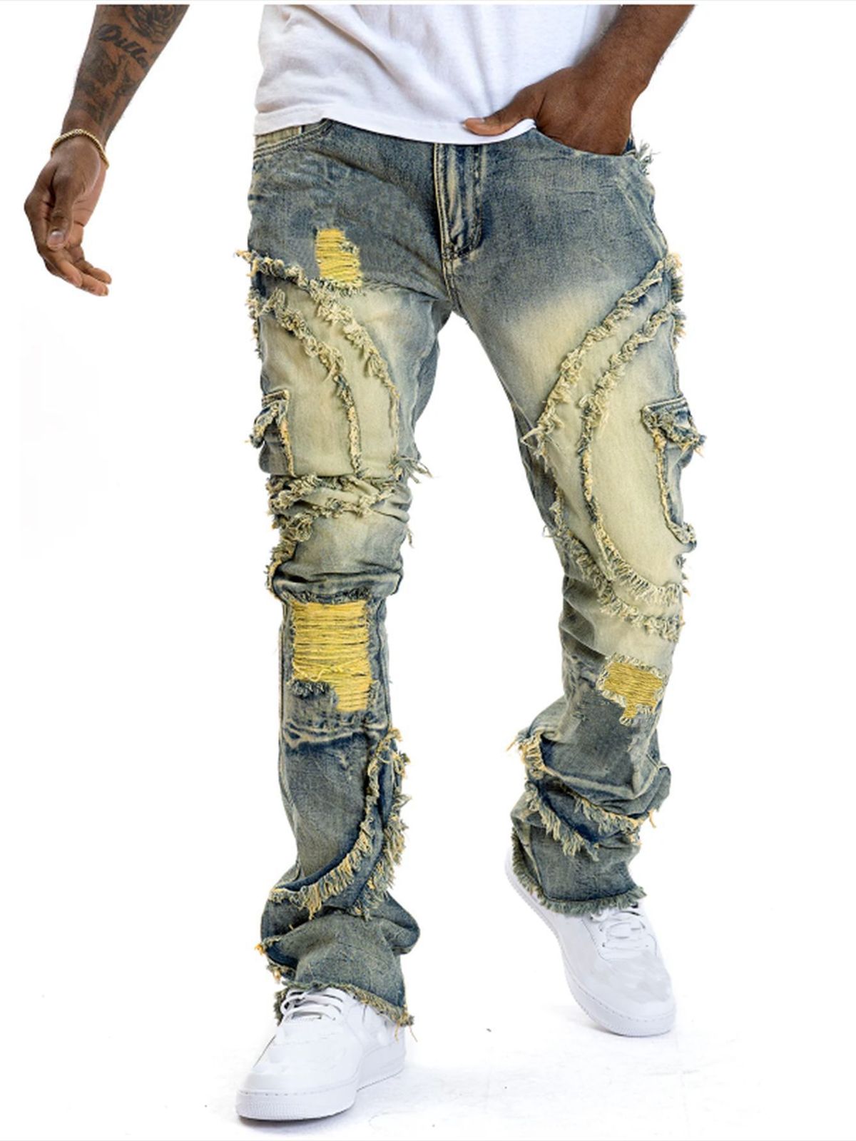 Men's Ripped Flared Stretch Jeans With Tassels_mkmklike.com