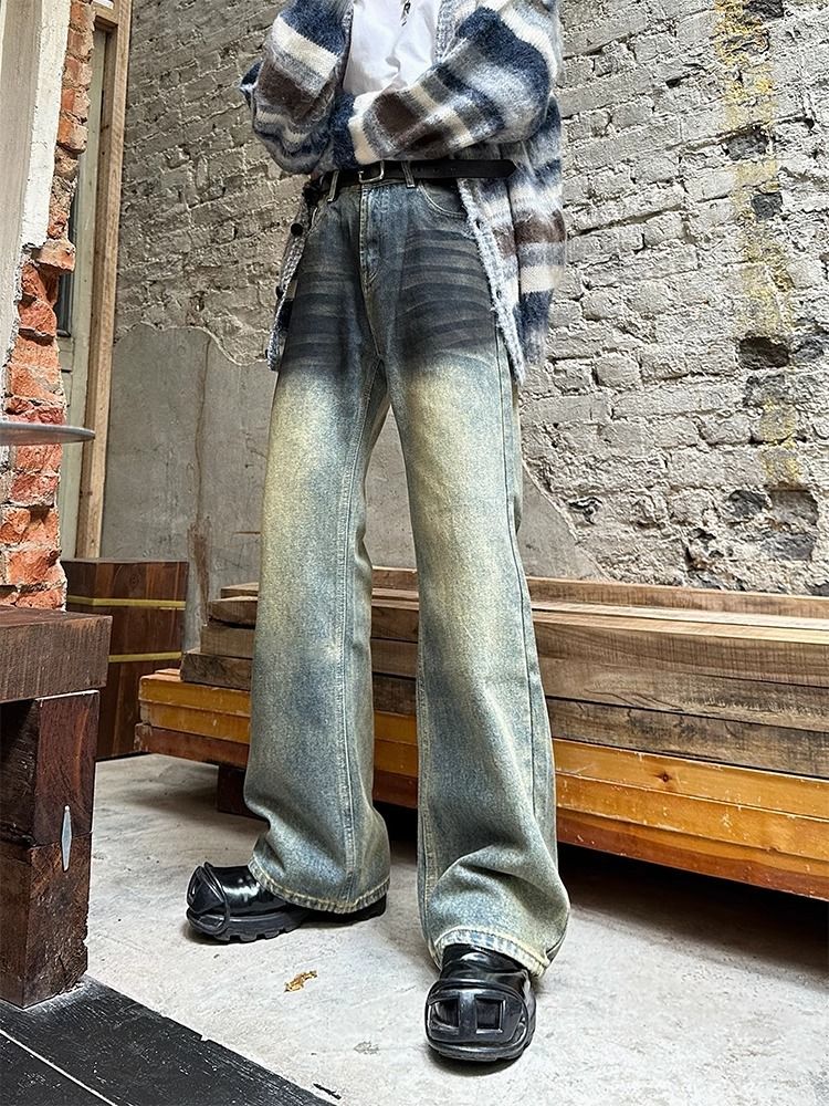 Cleanfit Men's Washed Distressed Gradient Jeans Street Style High Street Vibe Straight Leg Flared Pants Autumn Collection_mkmklike.com